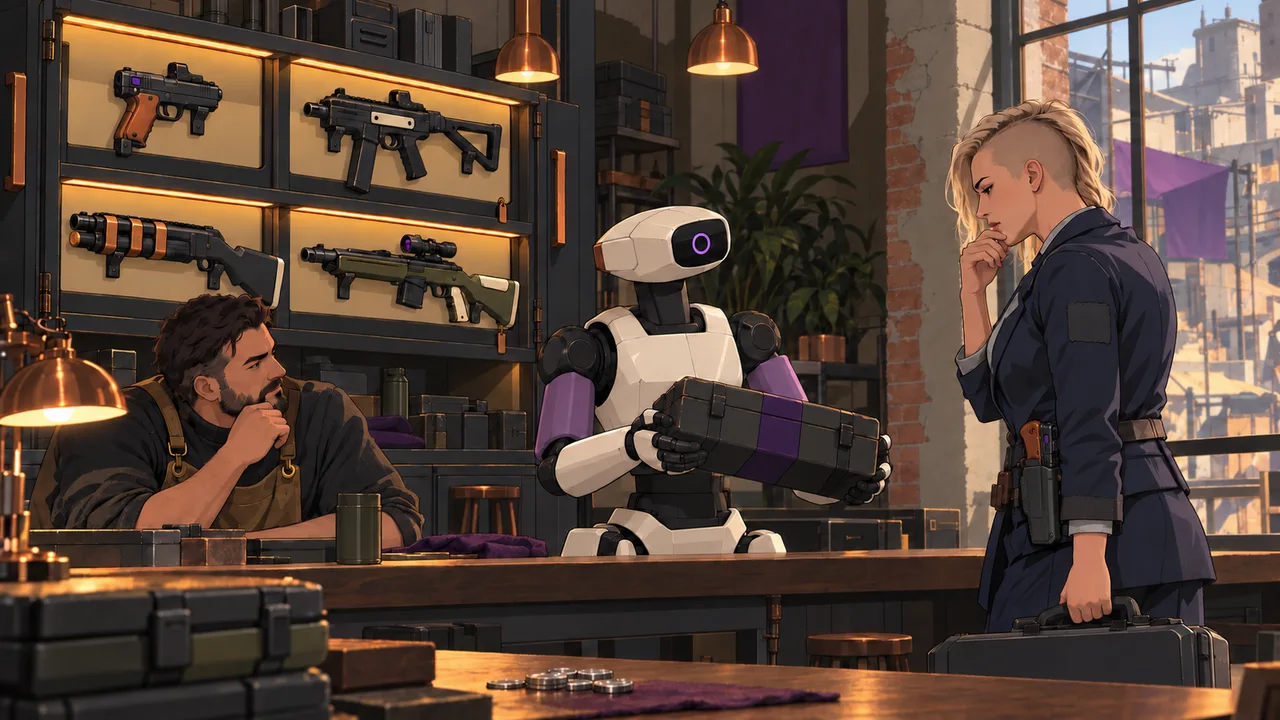 A synth presents a closed equipment case to an Armory specialist and customer beneath a display of the four firearm families.