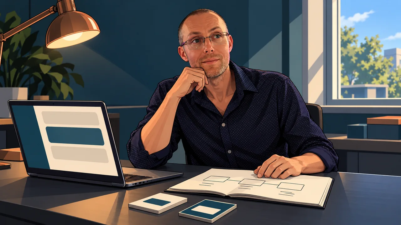 Andrew Wall thinking beside a notebook and a conversation on a computer screen, illustrated in CORPO’s graphic-novel style.