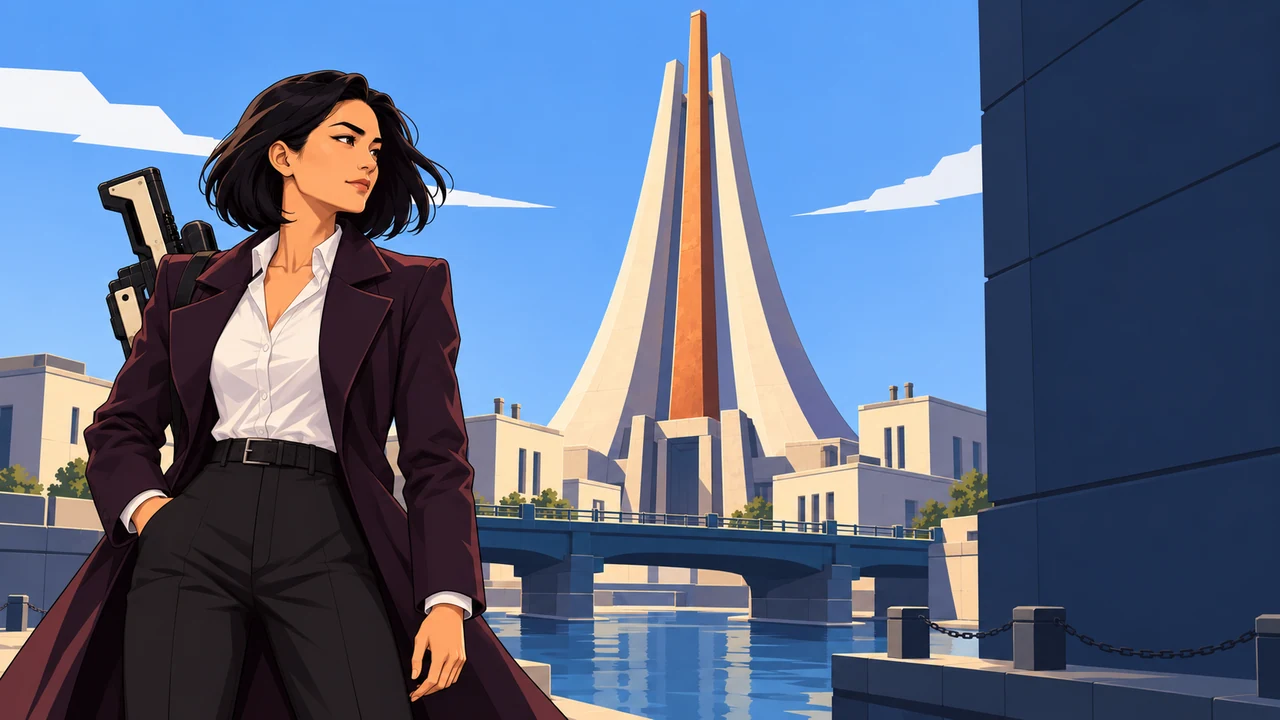 Aya Sato stands by the water with the Tower rising behind her.