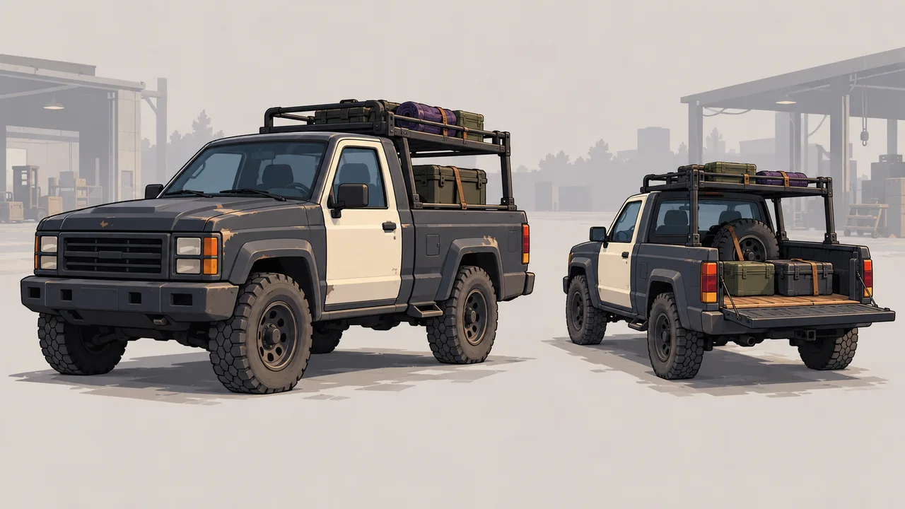 A charcoal Muleback U1 utility pickup with an ivory driver door carries secured salvage in its open bed.