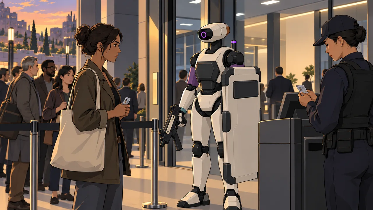 A security servo works beside human security staff with protective equipment fitted to the common civilian frame.
