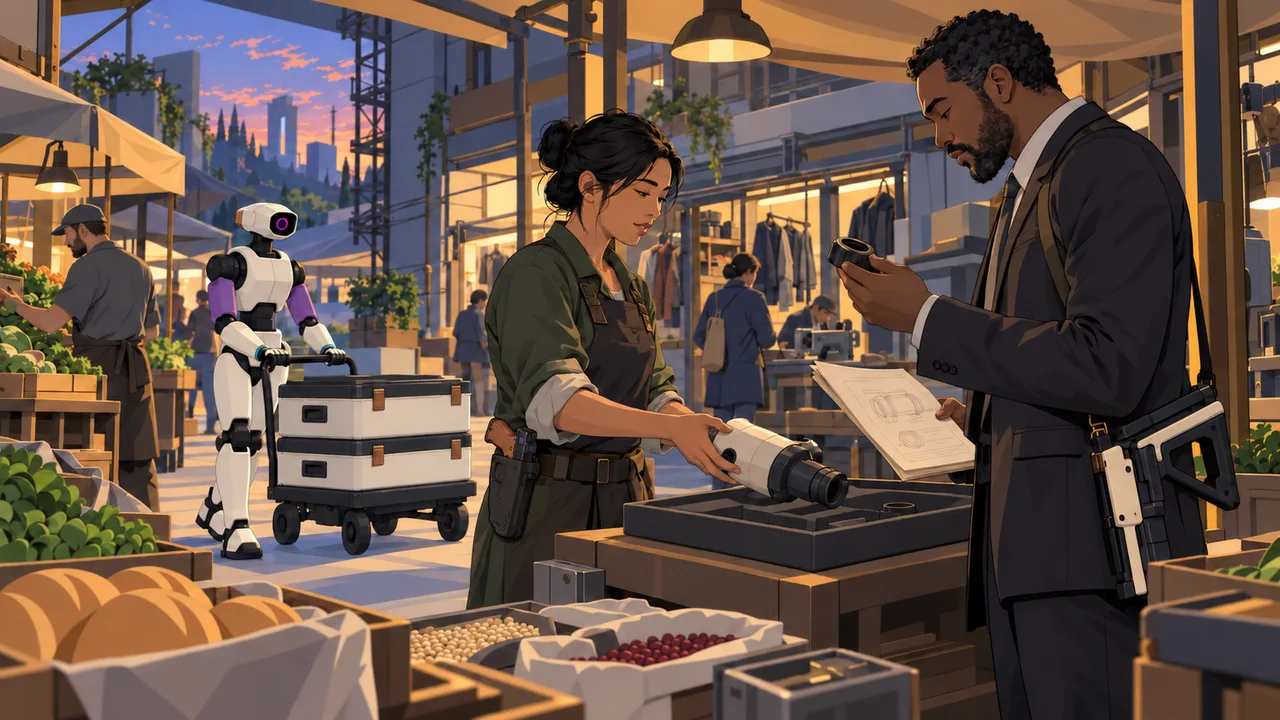 A trader shows a pump-filter housing to a Corpo beside food stalls and a synth carrying insulated boxes.
