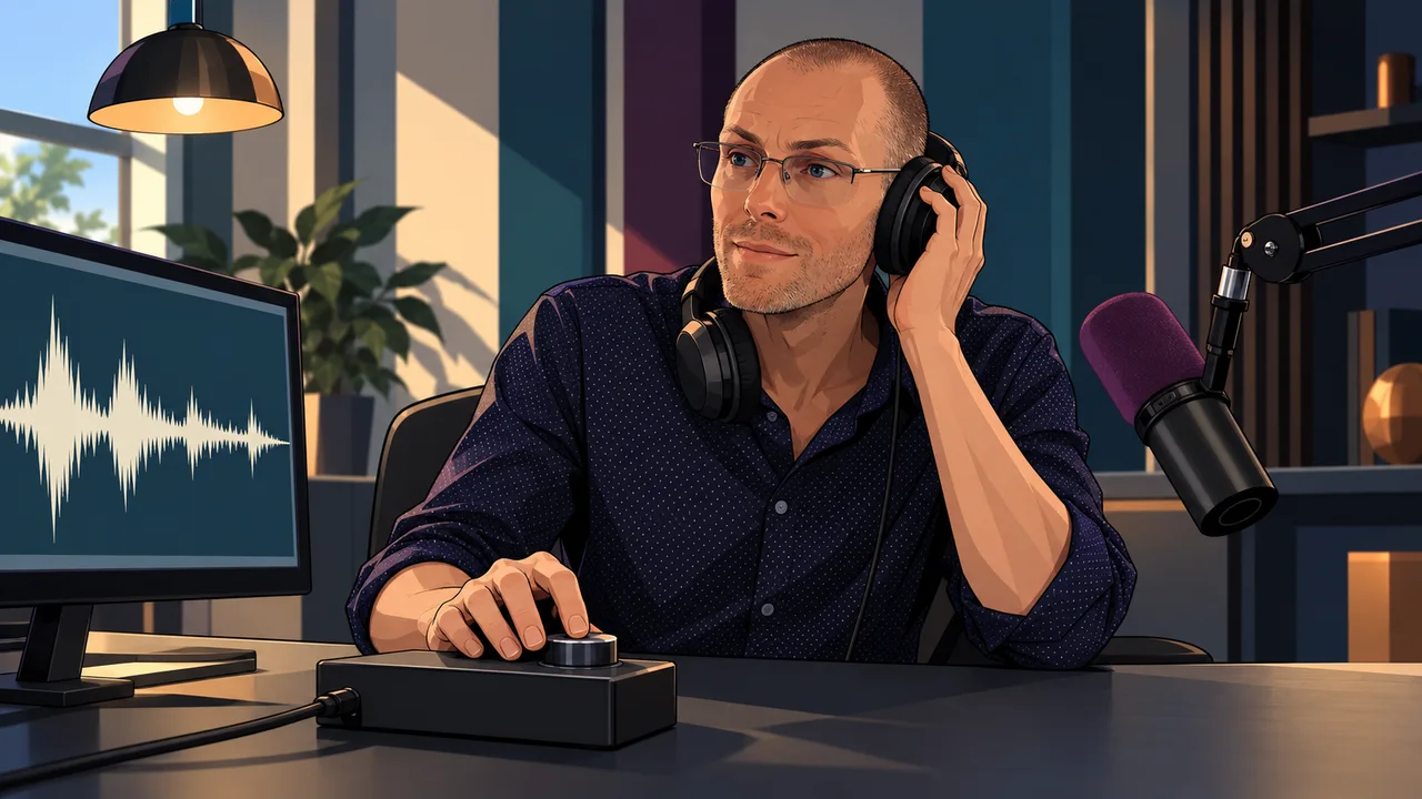 Andrew Wall listening beside a studio microphone, illustrated in CORPO’s graphic-novel style.