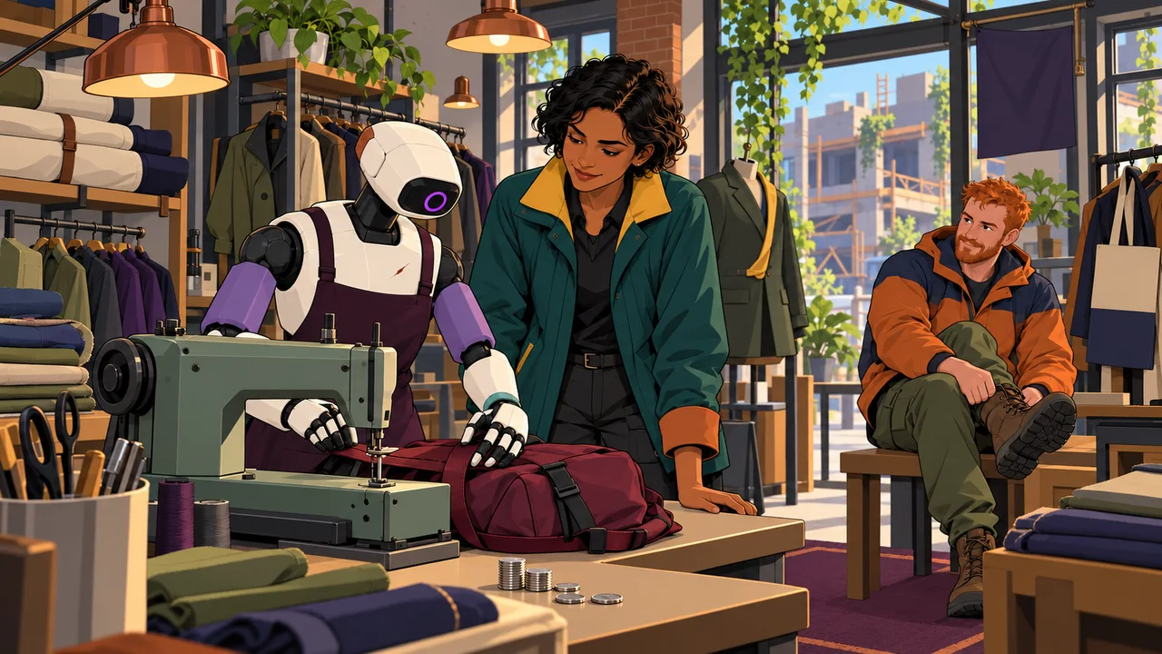 The converted synth repairs its former recoverer's pack at a sewing machine while another customer tries a repaired boot.