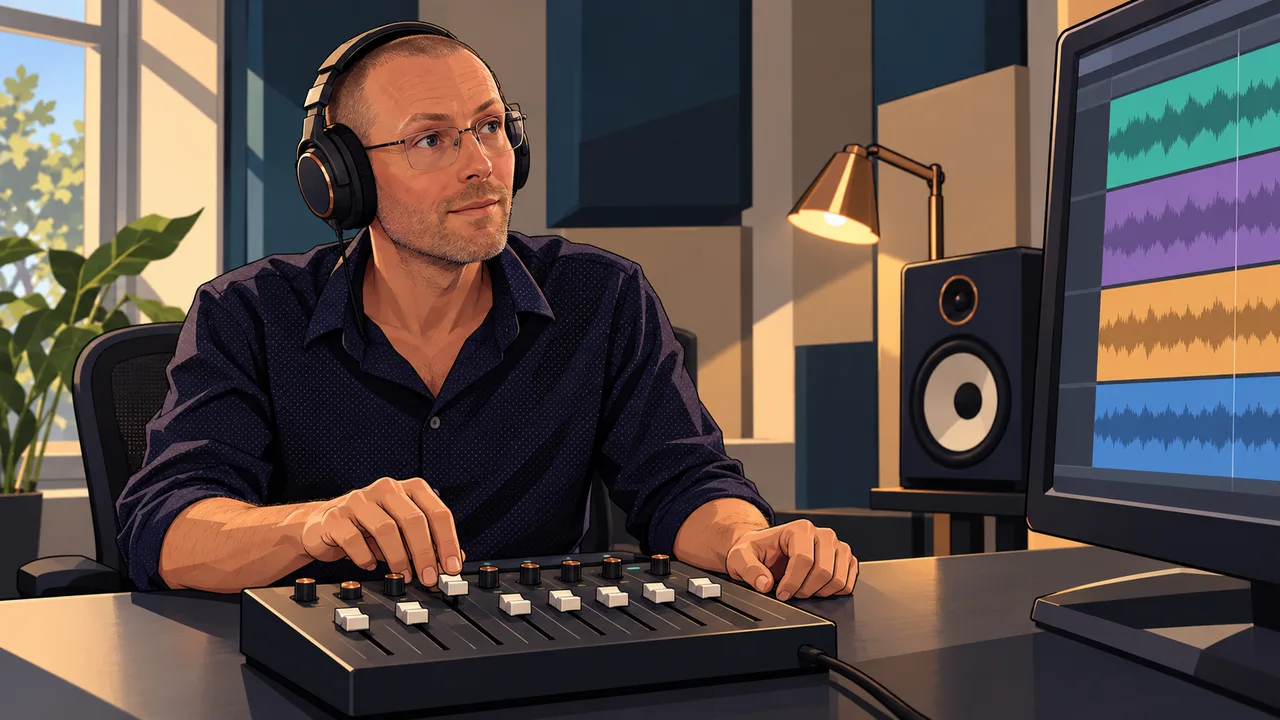 Andrew Wall listening through headphones at a mixing desk, illustrated in CORPO’s graphic-novel style.