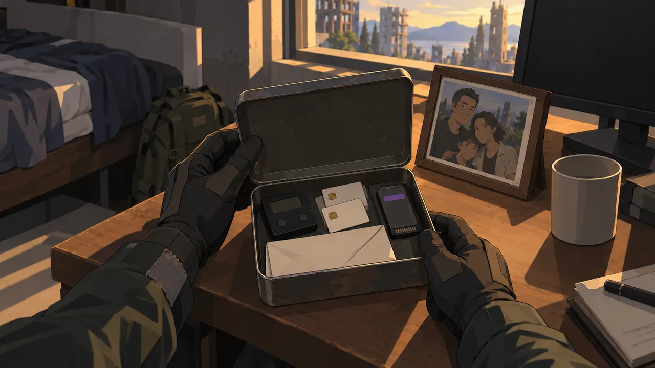 Gloved hands open a tin containing an old wallet device, identity cards and storage media beside a family photograph.