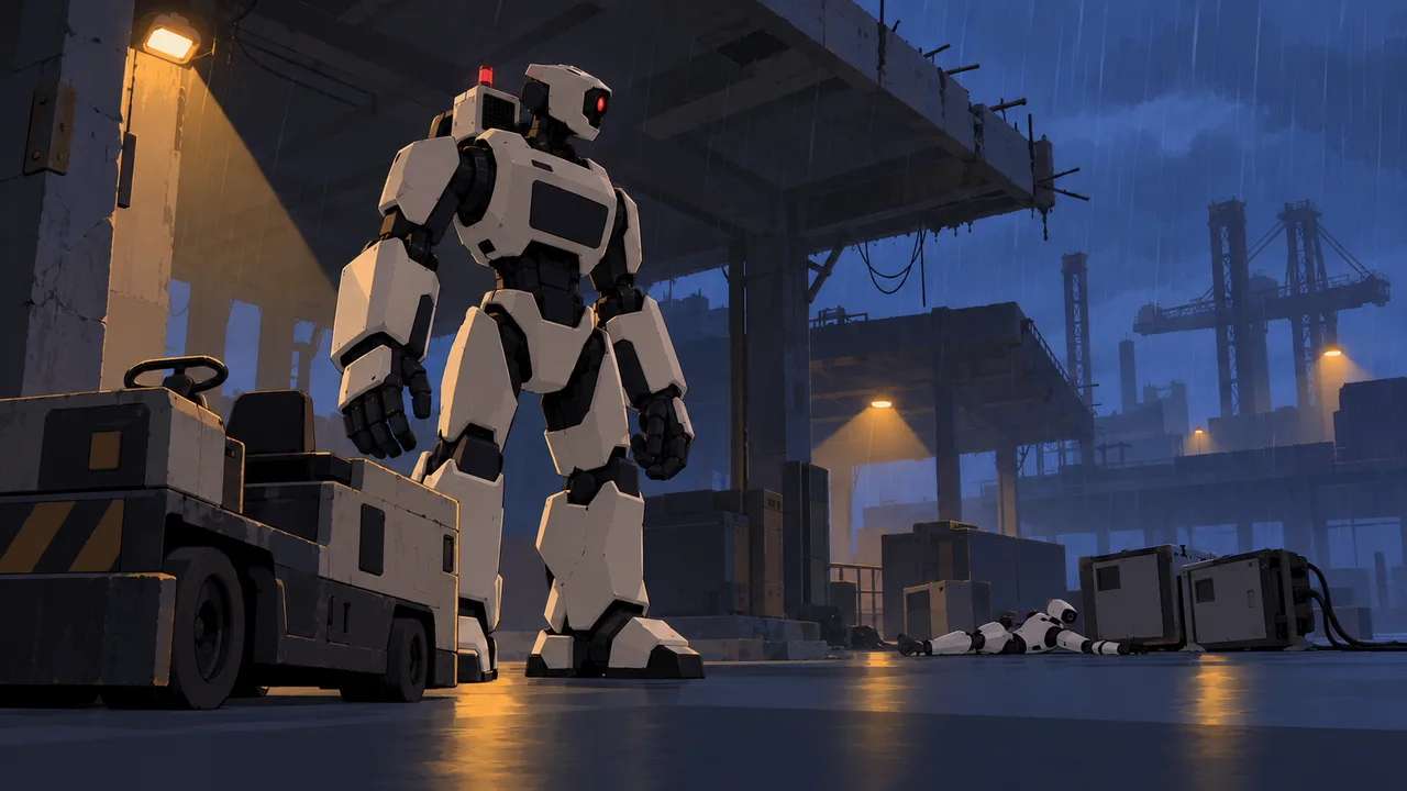 A heavy Type R Ranger stands above an abandoned utility vehicle in a ruined depot beside fallen civilian servos.