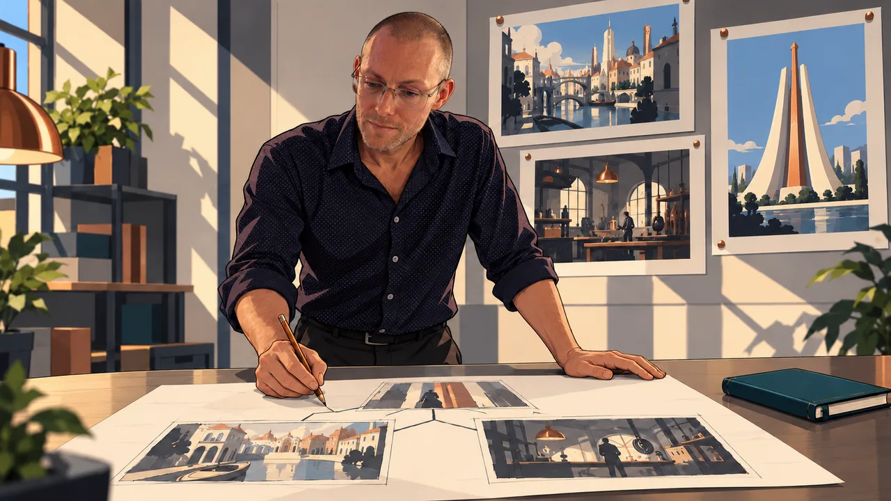 Andrew Wall working through story notes and pictures of the city and Tower, illustrated in CORPO’s graphic-novel style.