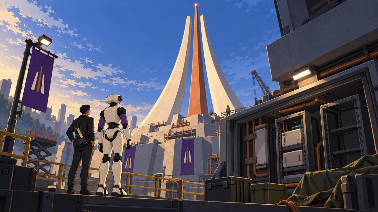 The Tower's single copper center rises above exactly two ivory supports and unfinished equipment bays at its base.