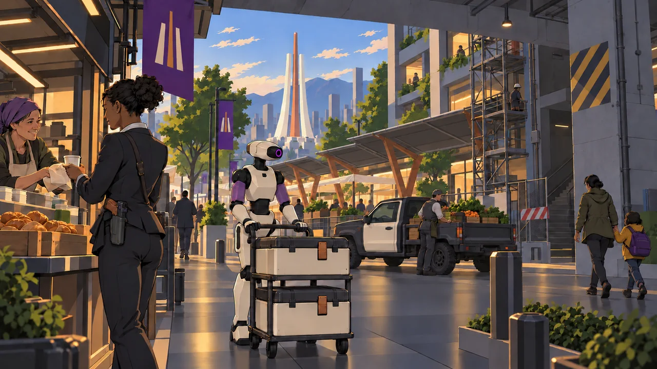 A Corpo buys breakfast beside an independent synth carrying food boxes through the city's occupied, partly rebuilt streets.
