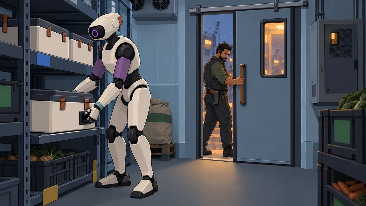 A synth supports a food box on a sliding shelf as a manager closes Cold Store's insulated door beside separate customer lots.