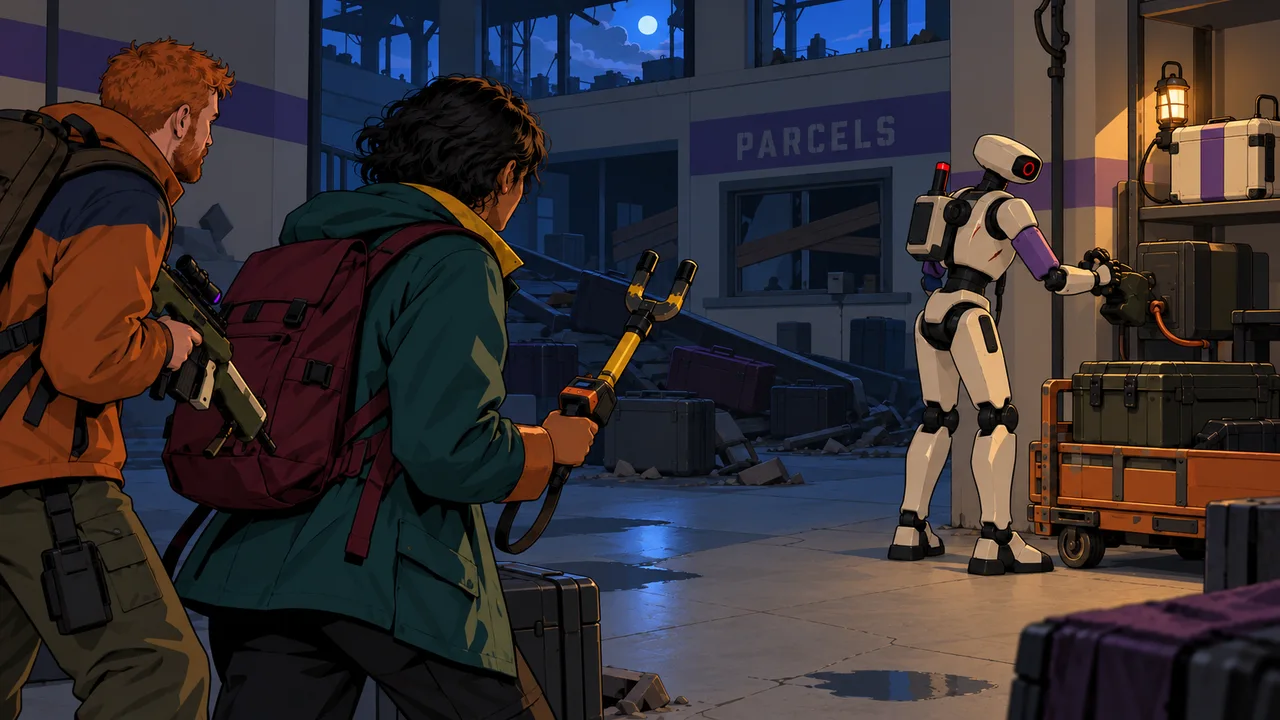A Lancer pair assesses an intact red-status servo attacking a charger, with the old control assembly still attached.
