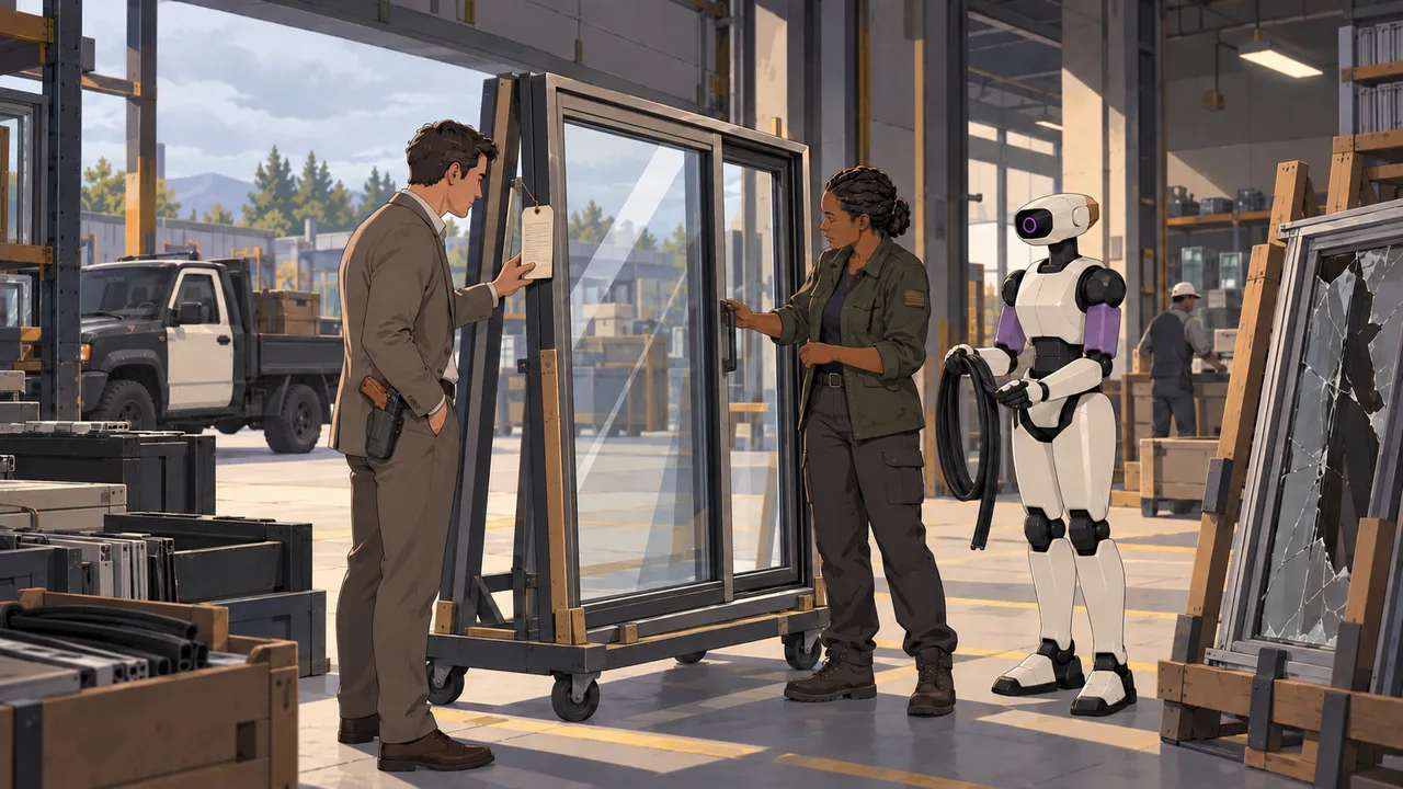 A Lancer tests a window handle while a synth holds a replacement gasket and a buyer checks the lot record.