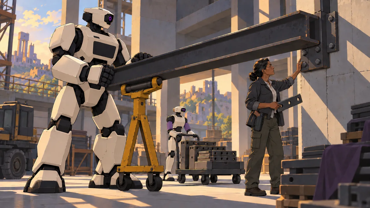 An independent Ranger steadies a supported beam while an engineer checks the joint and a civilian synth brings connection plates.
