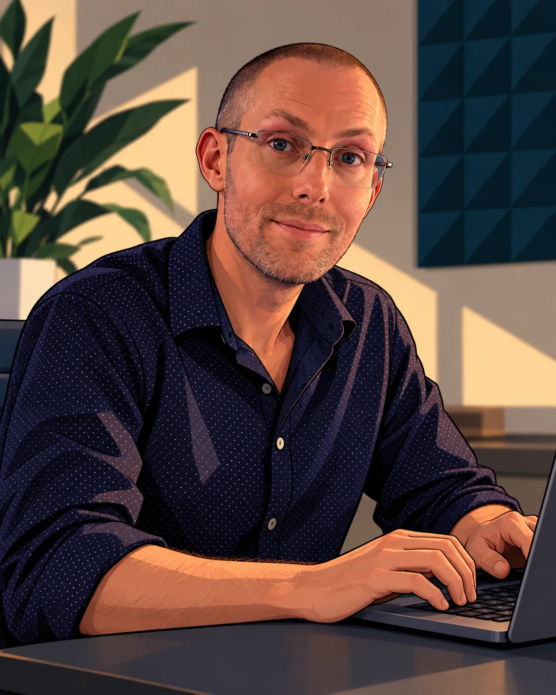 Illustrated portrait of Andrew Wall in the graphic-novel style of CORPO.
