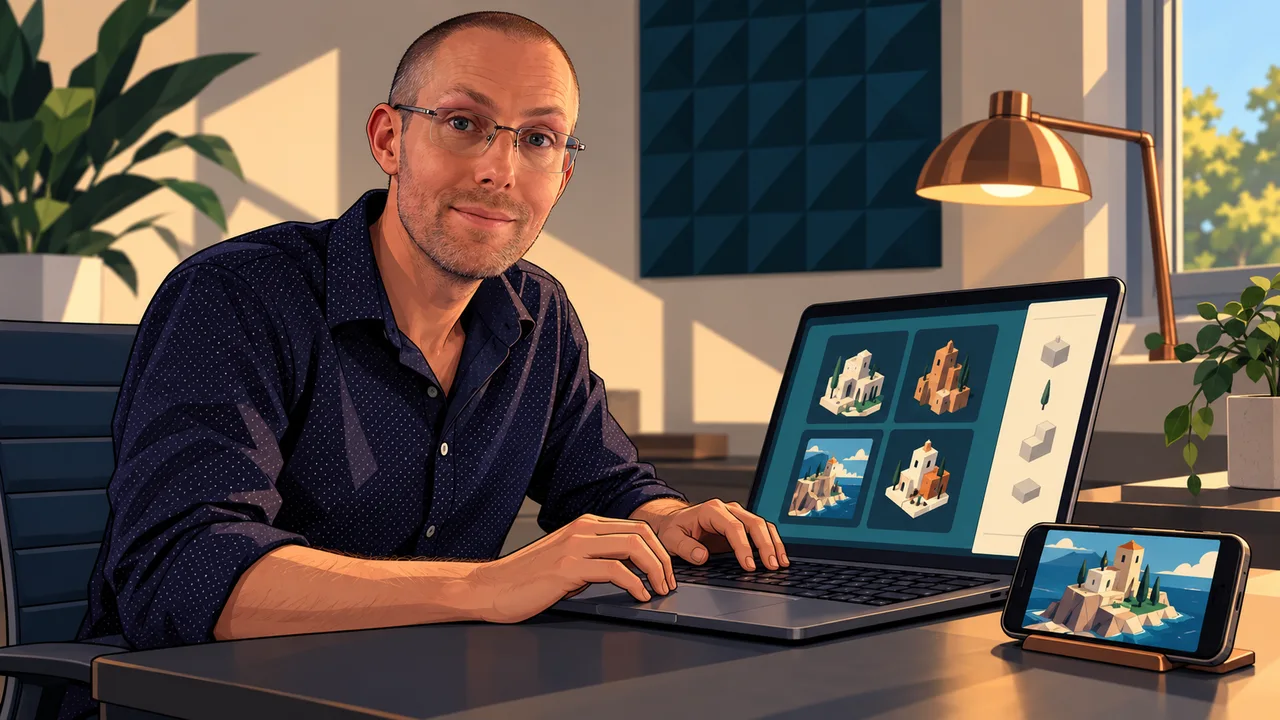 Andrew Wall reviewing a game build at a laptop with a phone nearby. The screens and studio are illustrated.