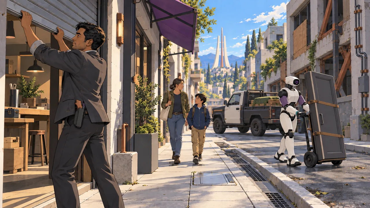 A Corpo opens a repaired shop while a family passes a synth moving a replacement door beside an unfinished building.