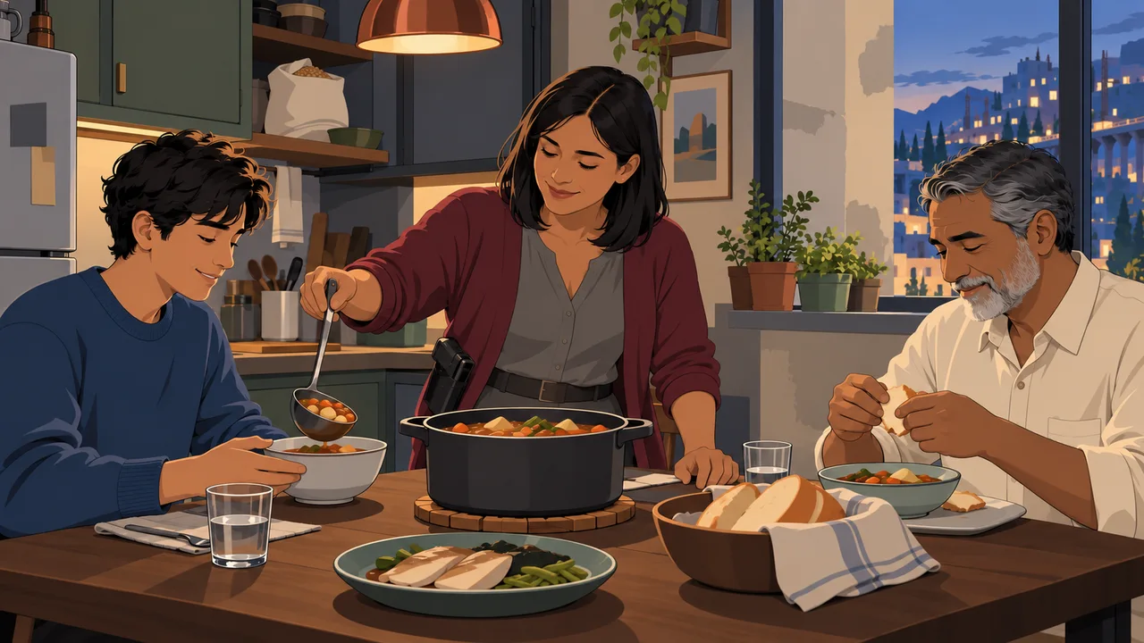 A woman serves bean and root stew to a teenager while an older relative shares bread beside a small fish plate.