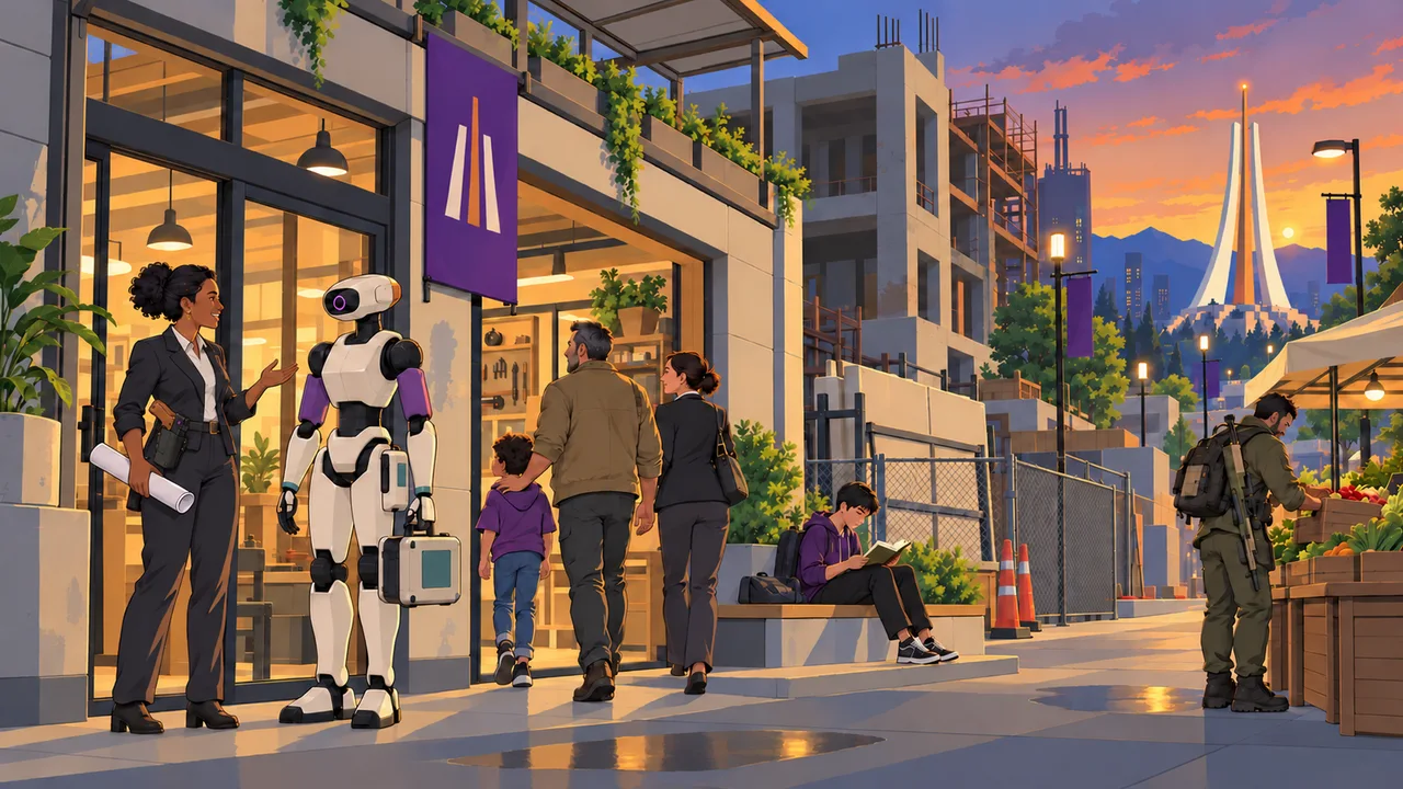 A family enters a reopened workshop beside a Corpo and synth while a teenager reads and a Lancer visits a produce stall near unfinished buildings.