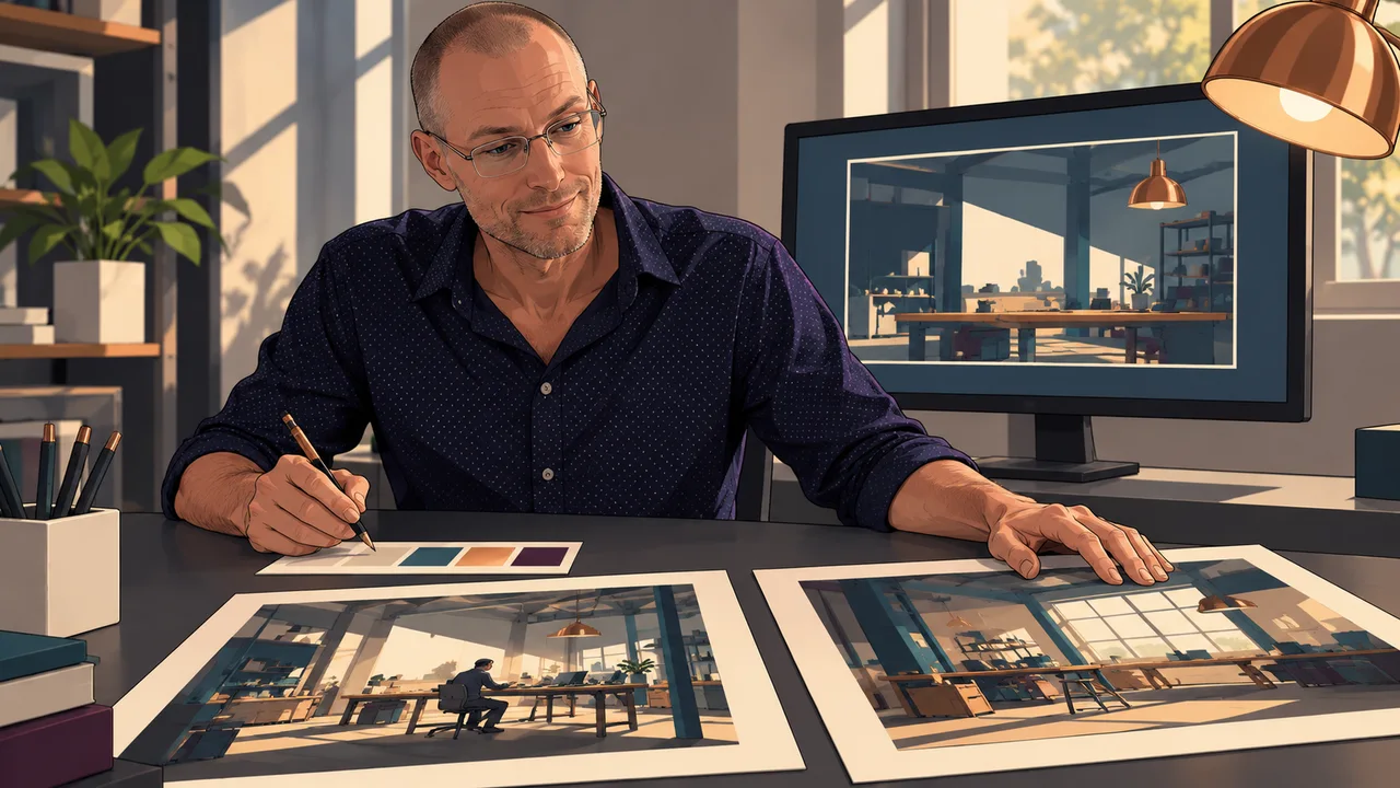 Andrew Wall reviewing illustration prints and color swatches, illustrated in CORPO’s graphic-novel style.