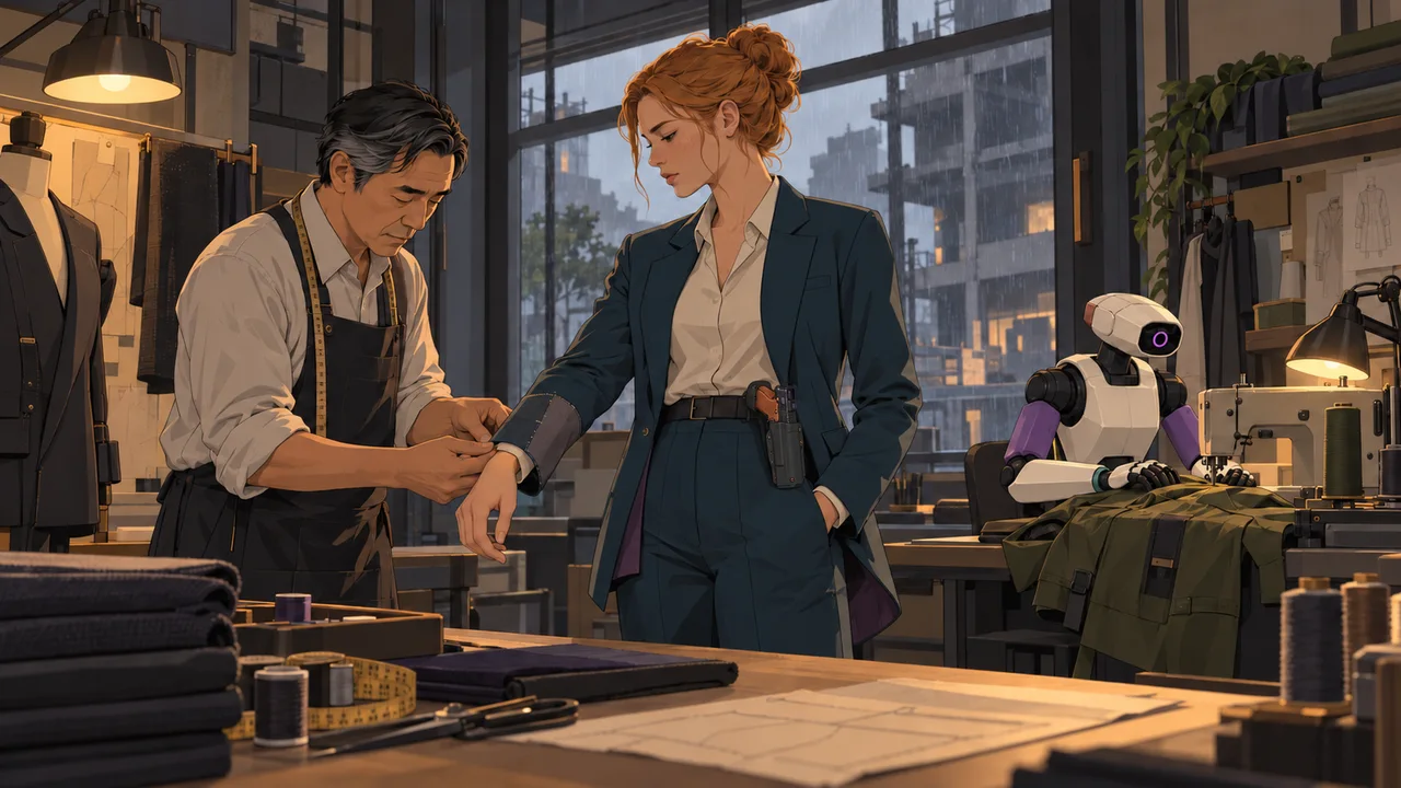 A tailor checks a Corpo's replacement cuff while an independent synth repairs a technical shell at a sewing machine.