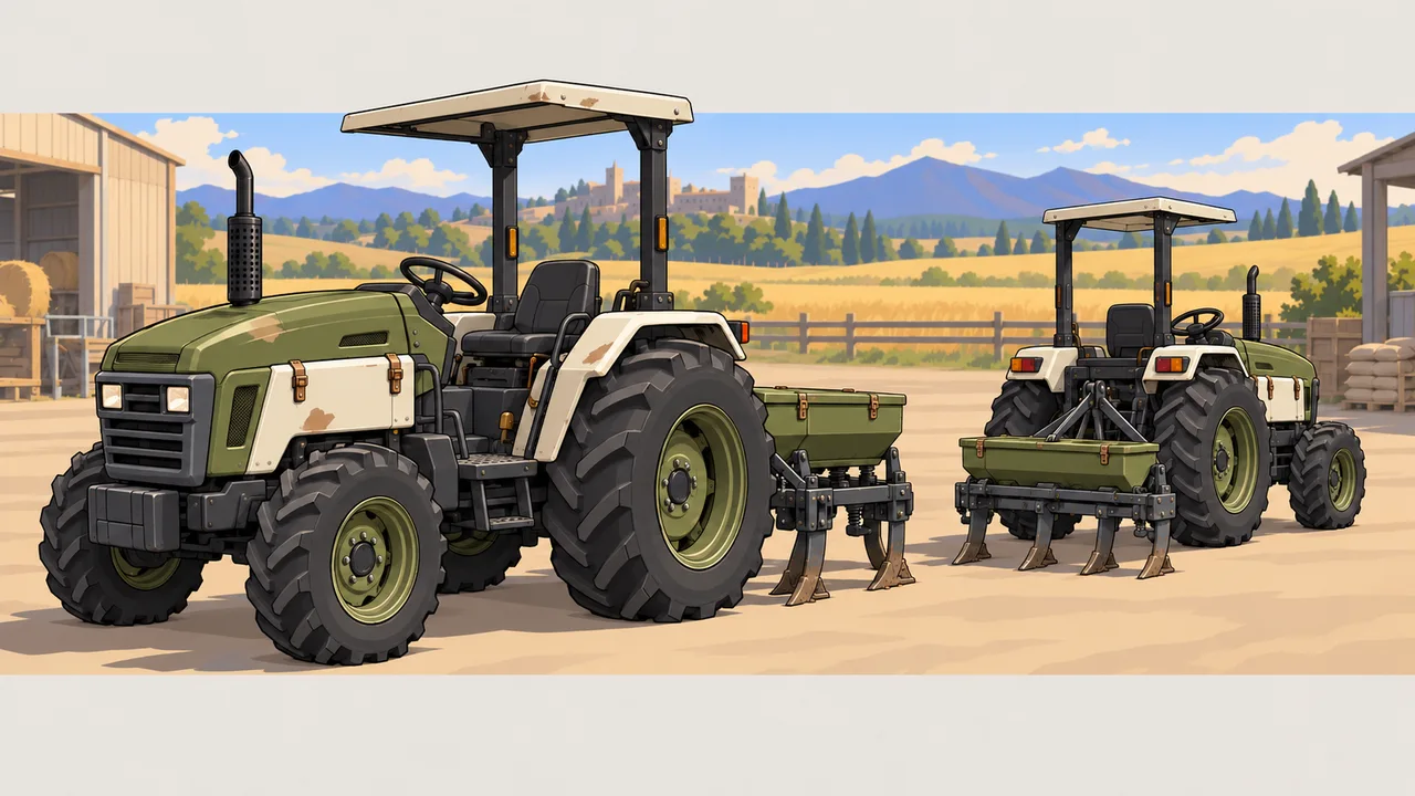 An olive-and-ivory Bracken A1 tractor has large rear tires, smaller front tires, a rollover frame and a supported cultivator attachment.