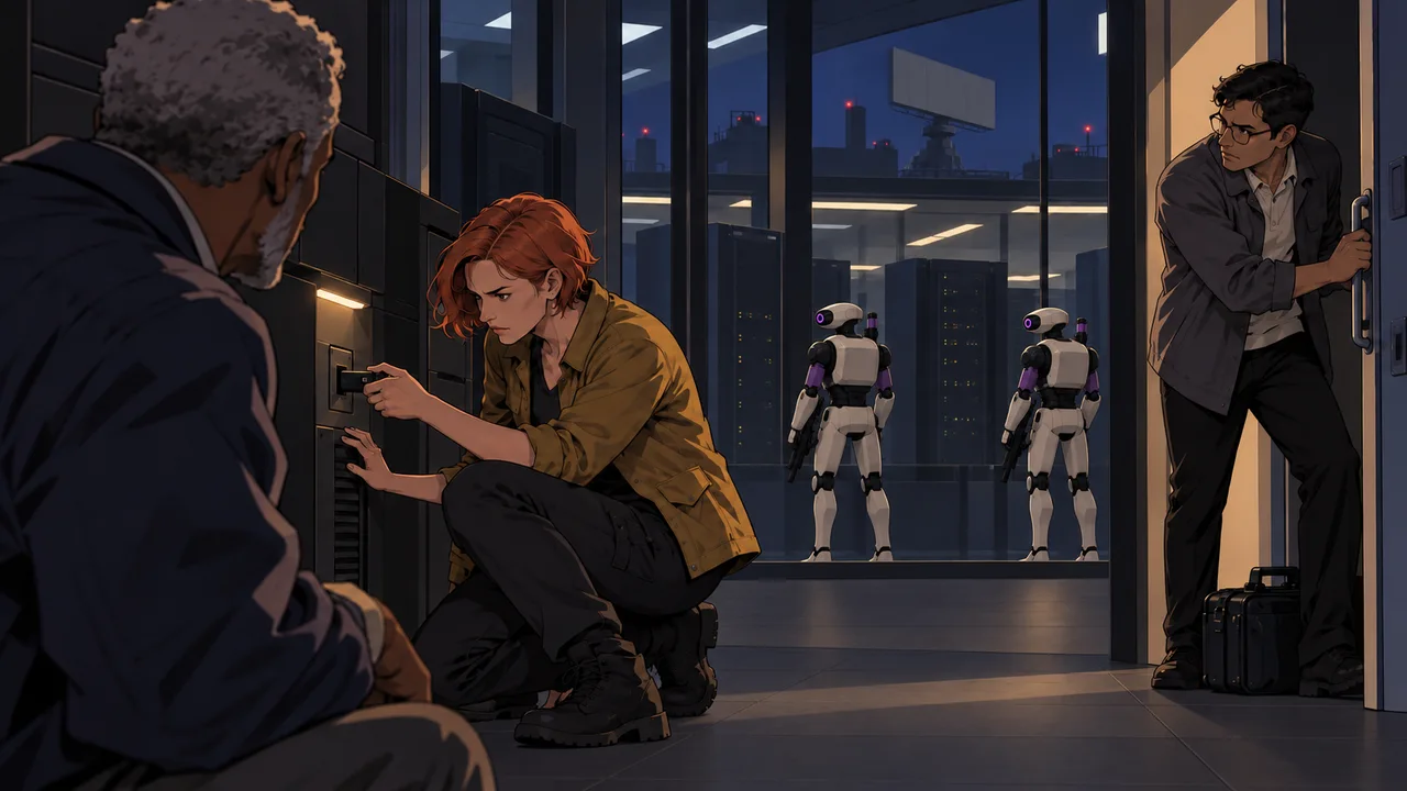 A Divinity operative inserts a drive into the military facility's control hardware while another watches the room.