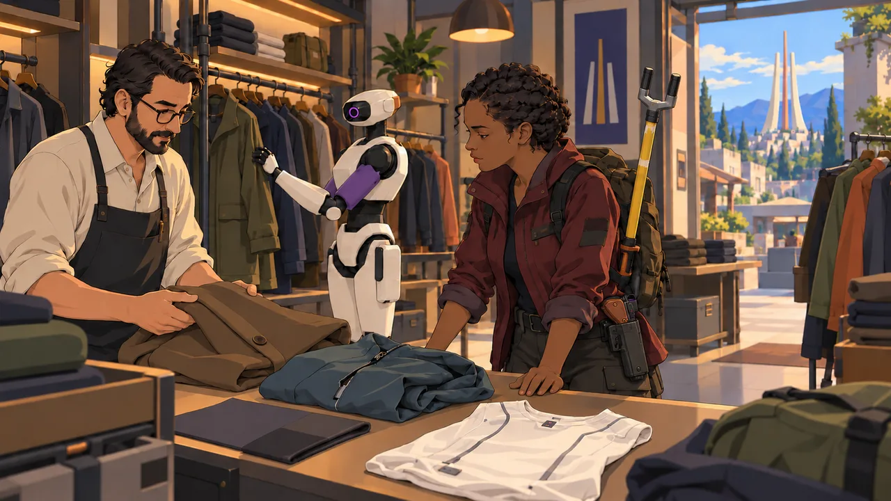 A Lancer discusses a recovered coat and damaged shell with a clothing trader while a synth hangs repaired stock.