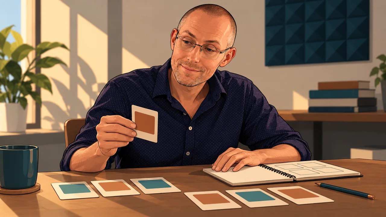 Andrew Wall considering prototype cards beside an open notebook. An editorial illustration.