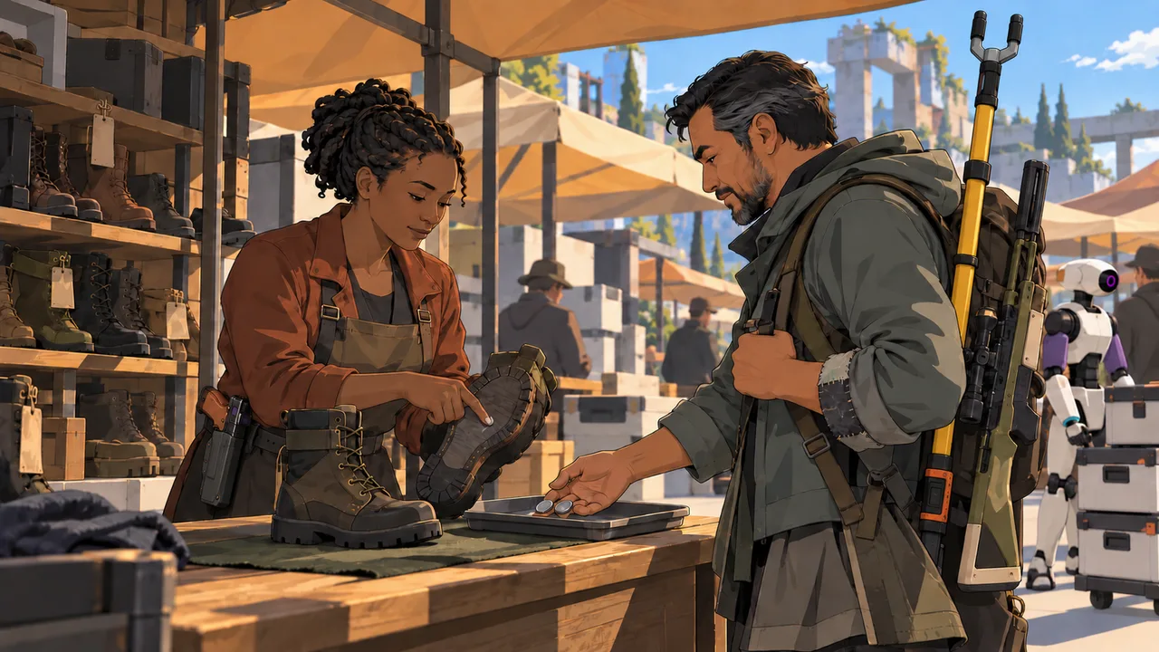 A Lancer offers silver for repaired boots while the seller shows the replacement sole.