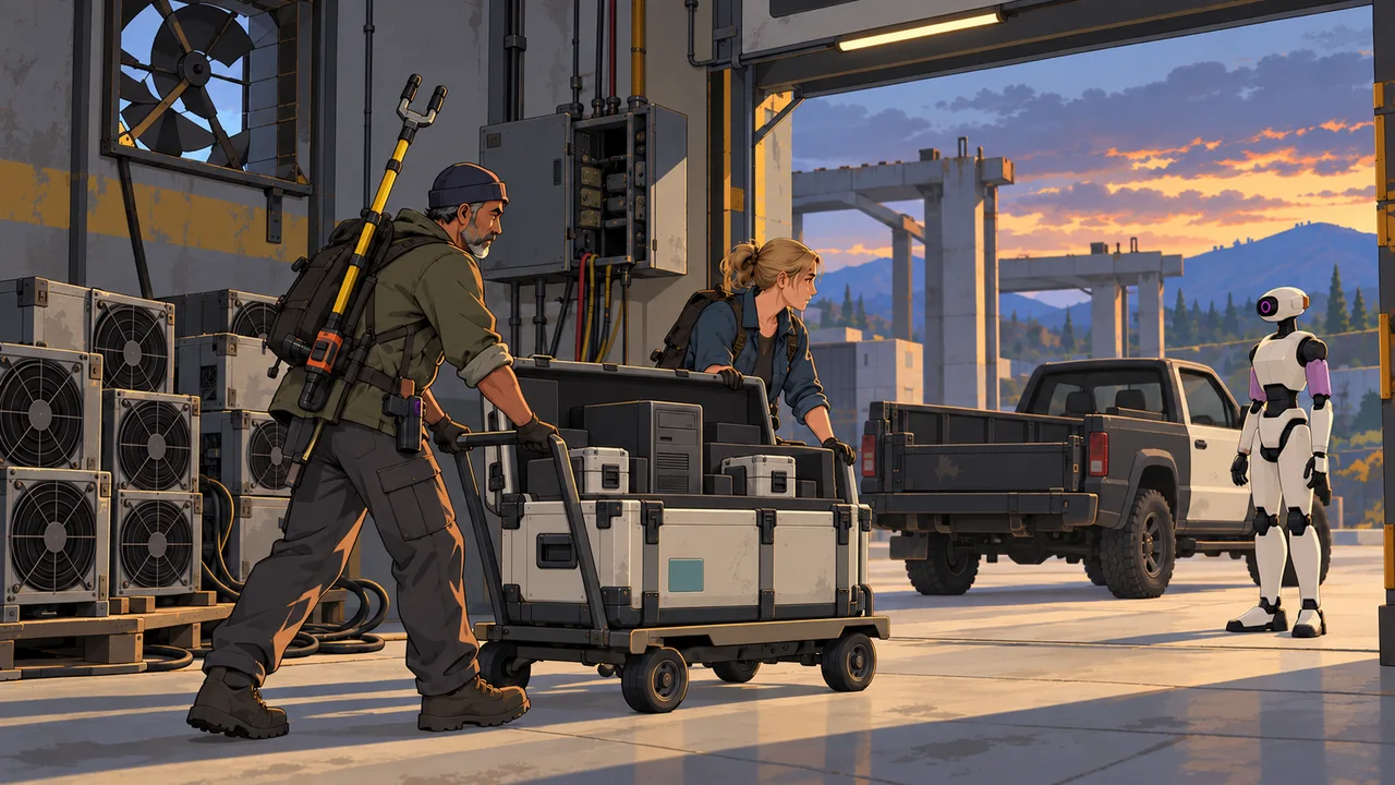 Lancers move a padded crate of archive computers and separate storage units past abandoned mining equipment toward their pickup.